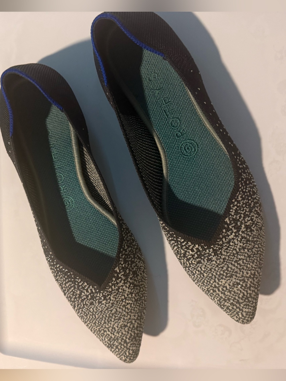 Rothy's Black and White Knit Pointed Flats with Teal Insole - Picture 2 of 5